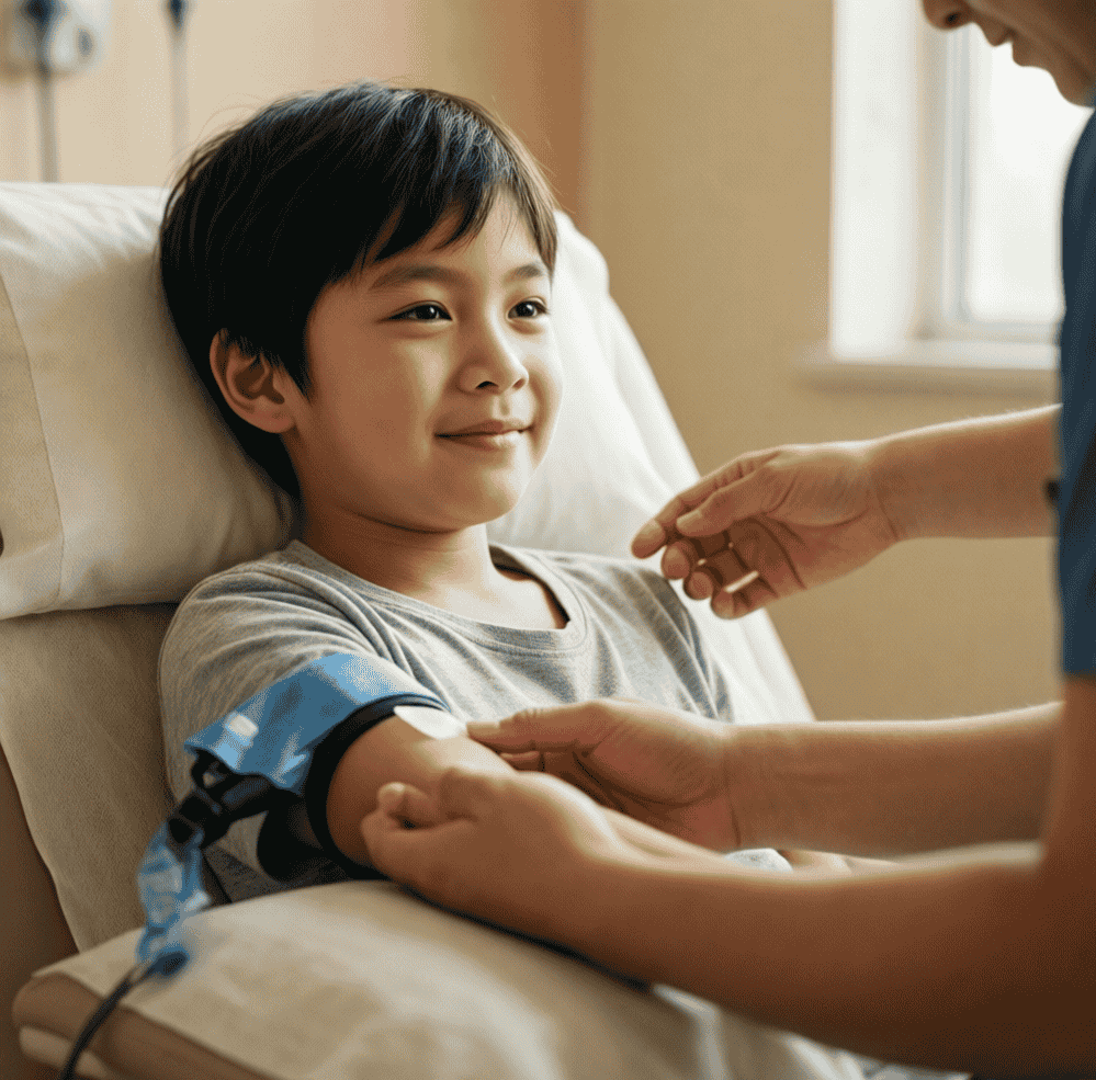 Enfant détendu et souriant pendant un prélèvement, cabinet médical calme